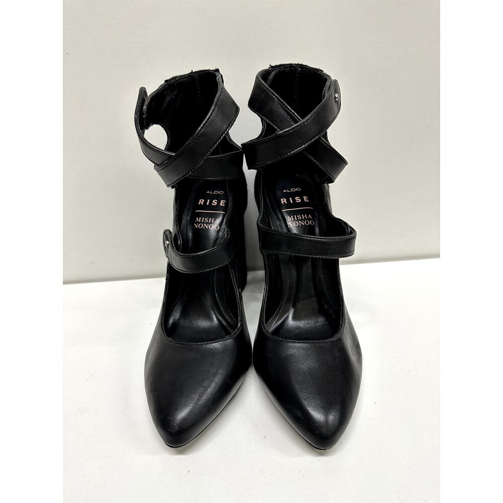 Aldo Rise Misha Nonoo women size  8 black leather ankle strapped pointed heels